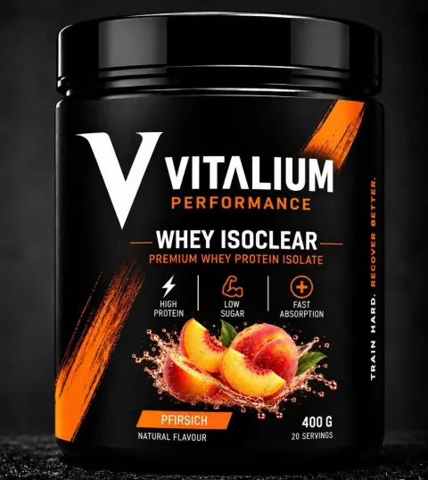 Vitalium Performance Whey IsoClear Pfirsich: schwarze 400-g-Dose mit orangem Pinselstrich und Pfirsichen