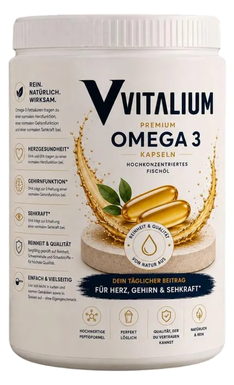 Vitalium Premium Omega 3 Kapseln: cremefarbene Dose mit weissem Deckel, goldenem Ölspritzer und zwei Fischölkapseln auf dem Etikett