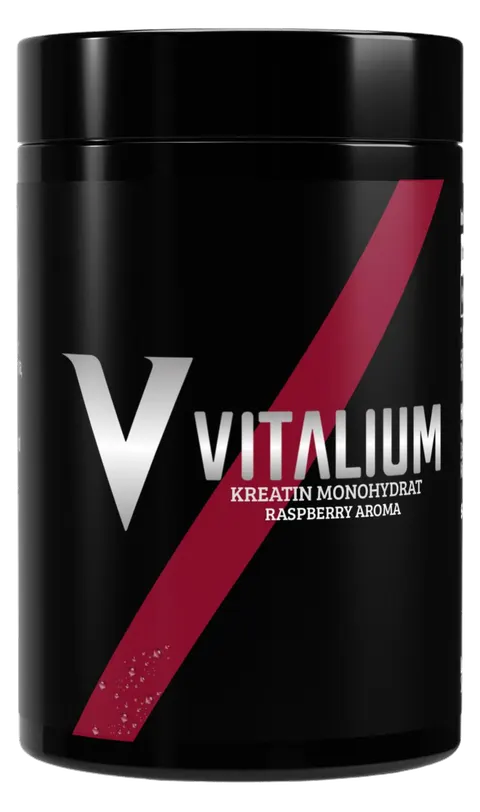 Vitalium Kreatin Monohydrat Himbeere 500 g im Standbeutel mit schwarzem Etikett