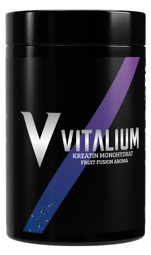 Vitalium Kreatin Monohydrat Fruit Fusion 500 g im Standbeutel mit schwarzem Etikett
