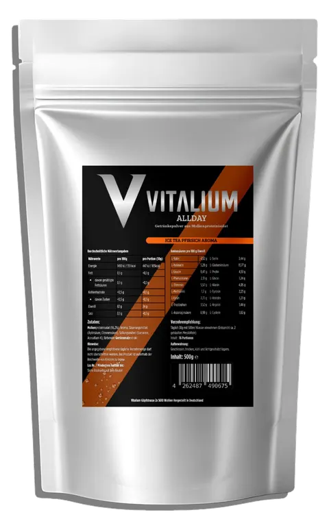 Vitalium ALLDAY IsoClear Pfirsich: silberner 500-g-Standbeutel mit schwarzem Etikett, goldenem Diagonalstreifen und Zutatenliste