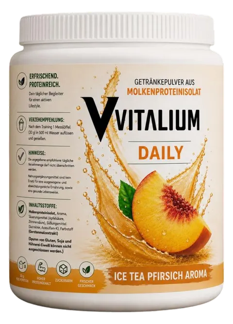 Vitalium Daily Ice Tea Pfirsich: cremefarbene Dose mit weissem Deckel, goldenem Spritzer und aufgeschnittenem Pfirsich auf dem Etikett