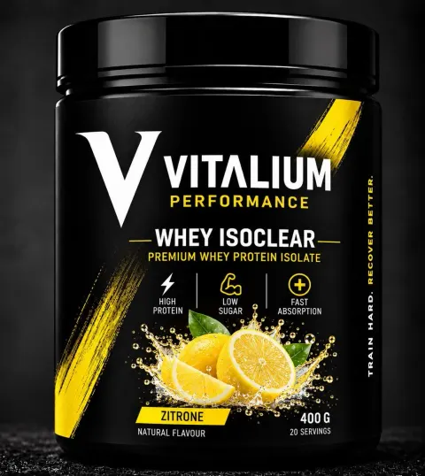 Vitalium Performance Whey IsoClear Zitrone: schwarze 400-g-Dose mit gelbem Pinselstrich und Zitronen
