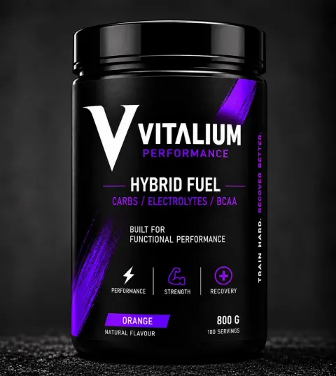 Vitalium Performance Hybrid Fuel Orange: schwarze 800-g-Dose mit violettem Pinselstrich