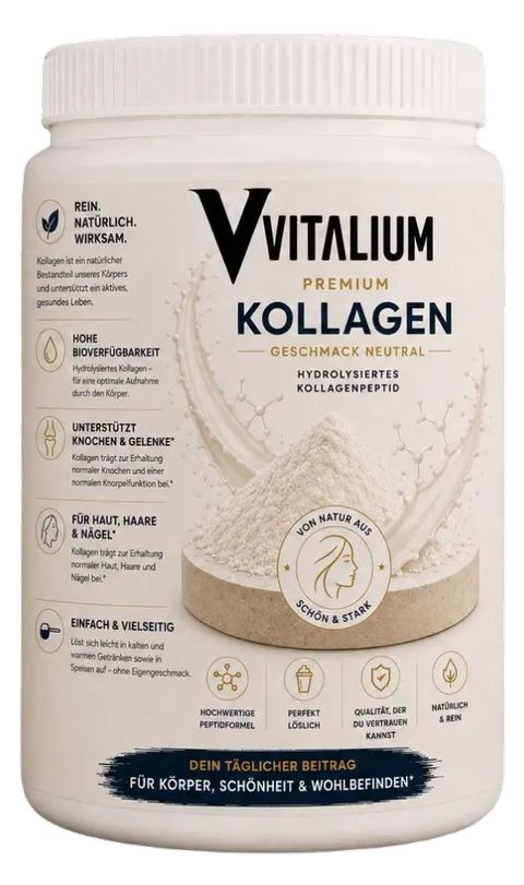 Vitalium Premium Kollagen neutral: cremefarbene Dose mit weissem Deckel und einem Häufchen weissem Pulver auf dem Etikett
