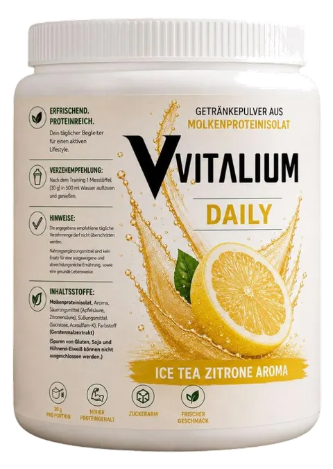 Vitalium Daily Ice Tea Zitrone: cremefarbene Dose mit weissem Deckel, goldenem Spritzer und aufgeschnittener Zitrone auf dem Etikett