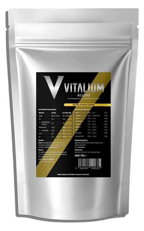 Vitalium ALLDAY IsoClear Zitrone: silberner 500-g-Standbeutel mit schwarzem Etikett, goldenem Diagonalstreifen und Nährwerttabelle